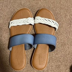 Blue and white sandals